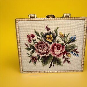 Vintage Wicker Rattan Box Purse Needlepoint Crosstitch Embroidered 1960s Roses